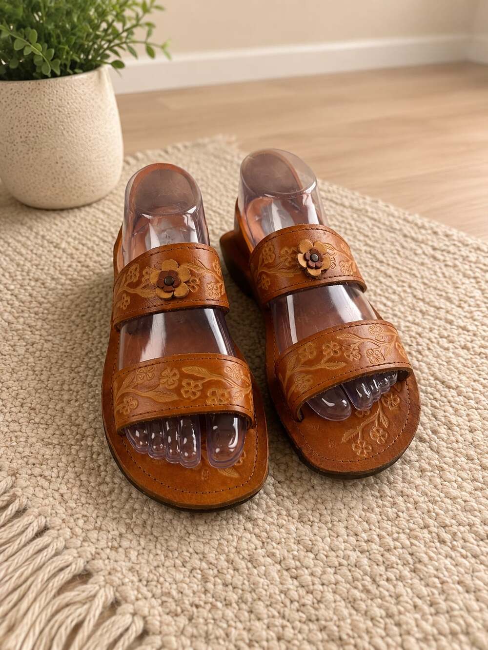 Women's Tan Floral Leather Slide Sandals